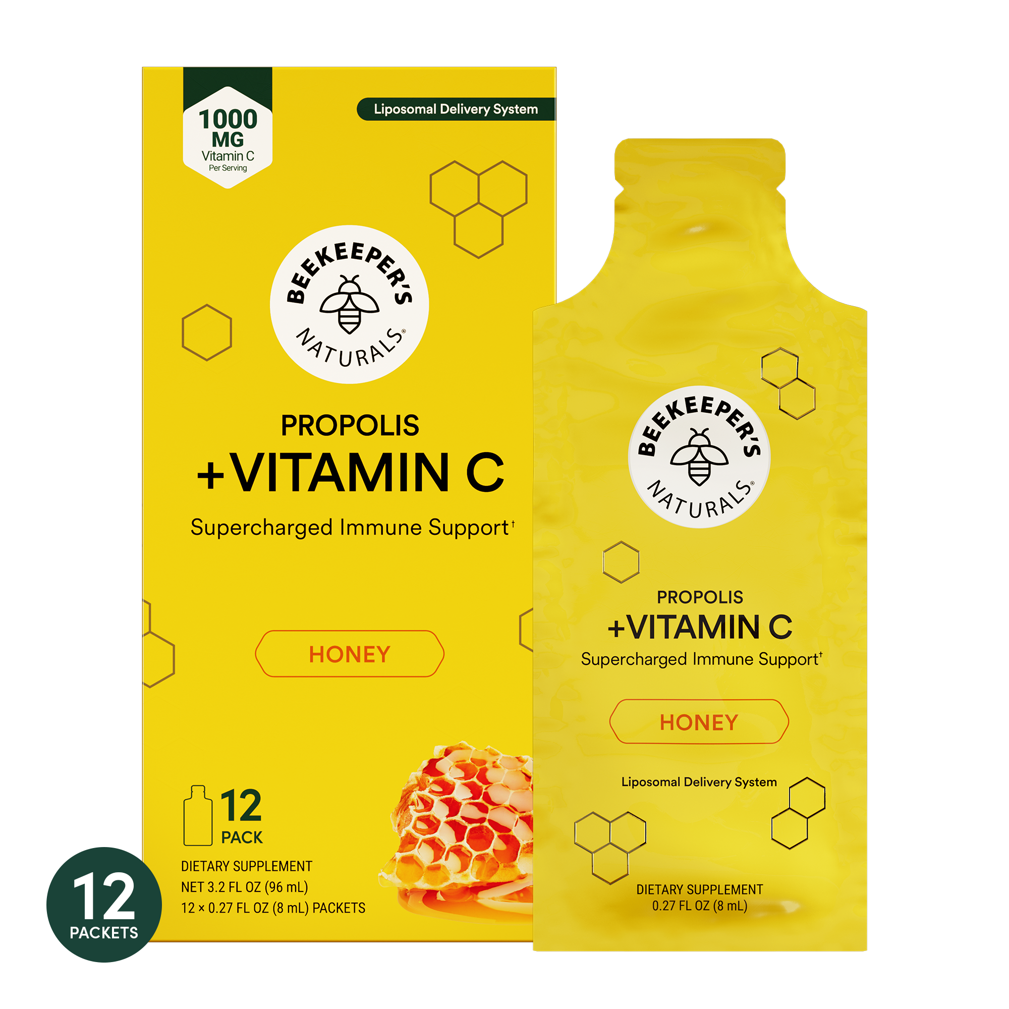 Two yellow packages of Beekeeper's Naturals Propolis + Vitamin C supplement on a white background.