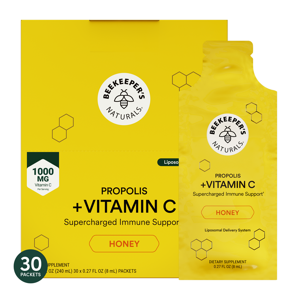 Beekeeper's Naturals Propolis + Vitamin C supplement packets on a white background