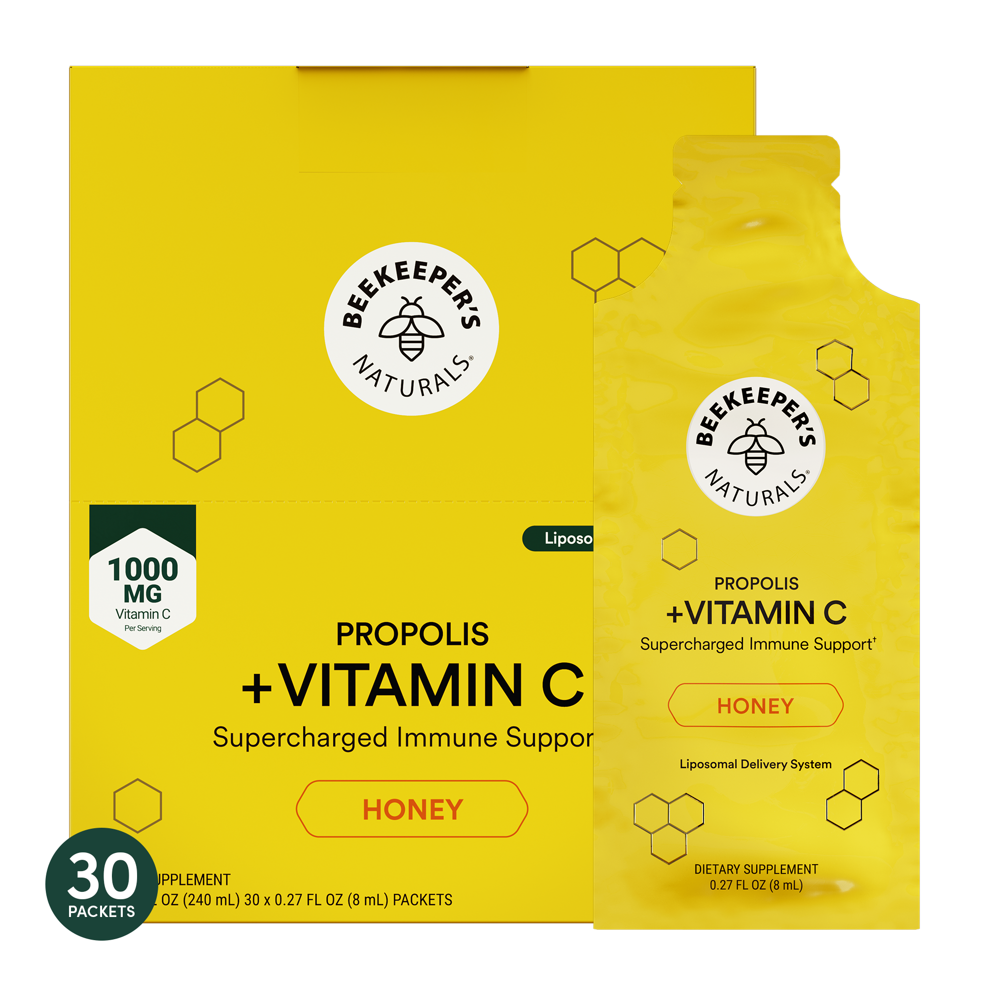 Beekeeper's Naturals Propolis + Vitamin C supplement packets on a white background