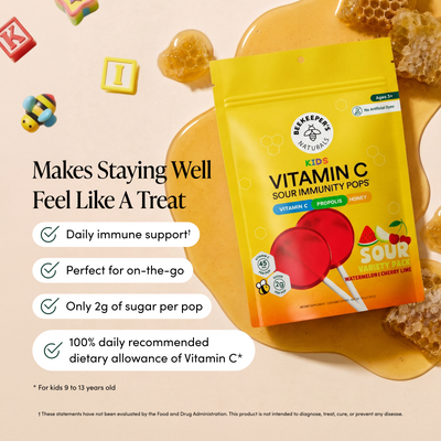 Bekeerers Naturals Kids Vitamin C Sour Immunity Pops packaging with honeycomb and honey on a beige background