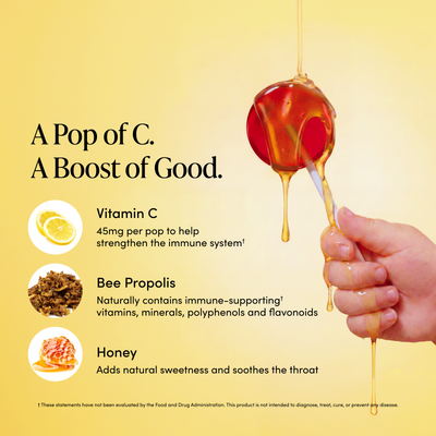 Honey being dripped from a stick with text about vitamin C, bee propolis, and honey on a yellow background.