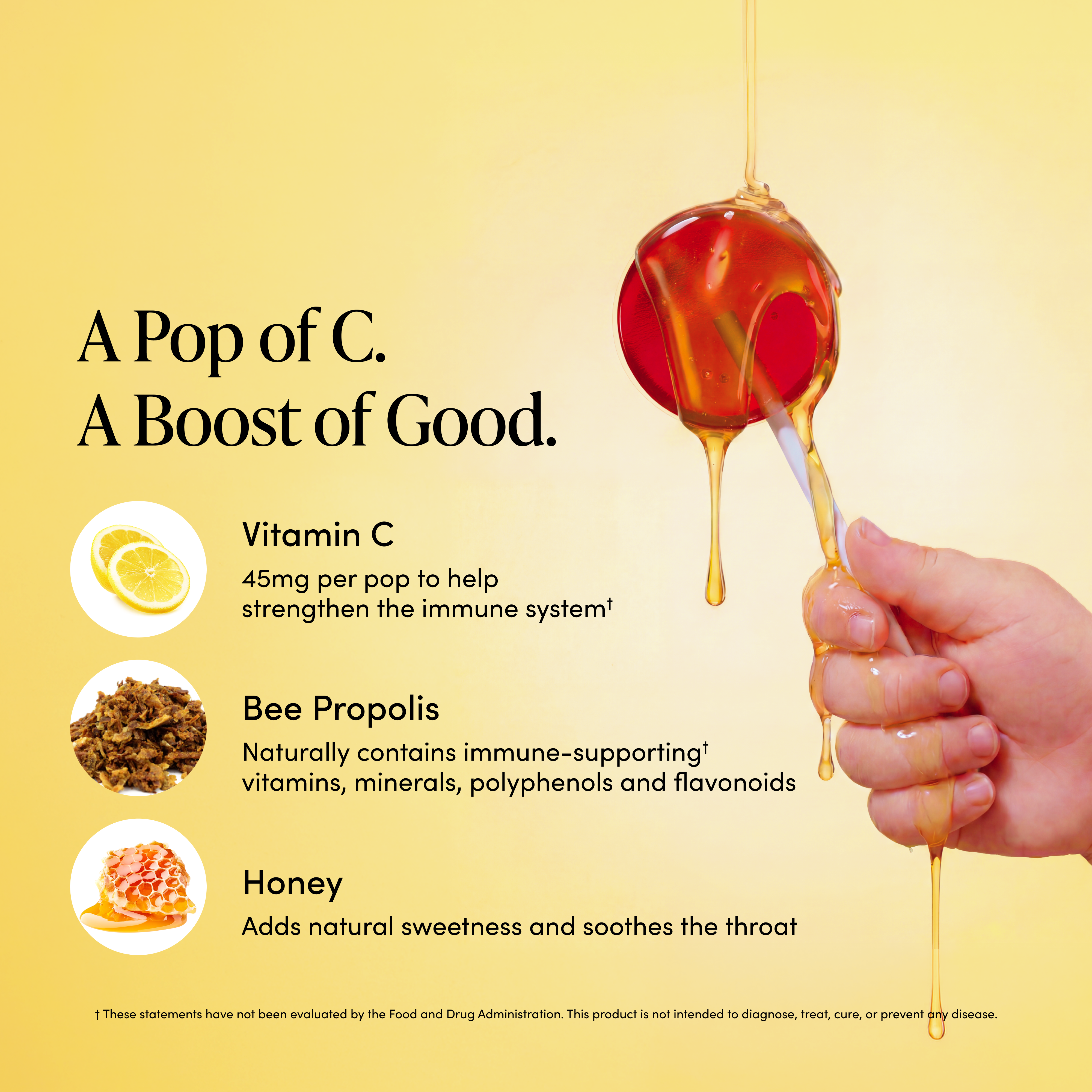 Honey being dripped from a stick with text about vitamin C, bee propolis, and honey on a yellow background.