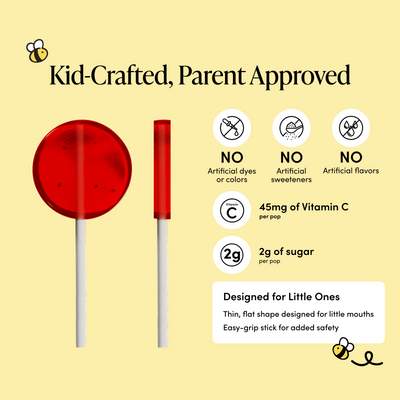 Red lollipop with health and safety information on a yellow background