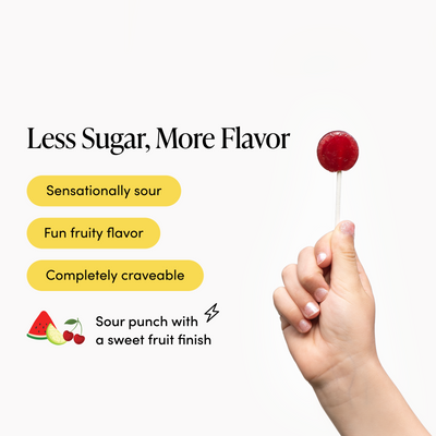 Hand holding a red lollipop with text about flavor and sugar content on a white background