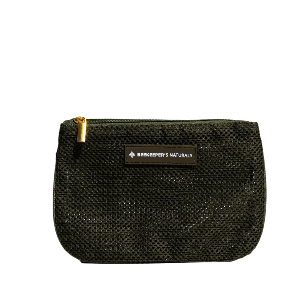 Beekeeper's Naturals mesh pouch with zipper, perfect for organizing personal care or travel essentials.