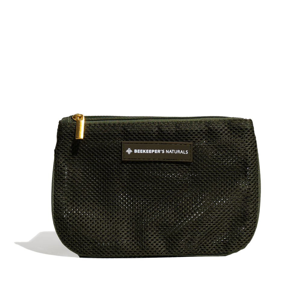 Beekeeper's Naturals mesh pouch for organizing essentials; versatile storage solution for travel & everyday use.